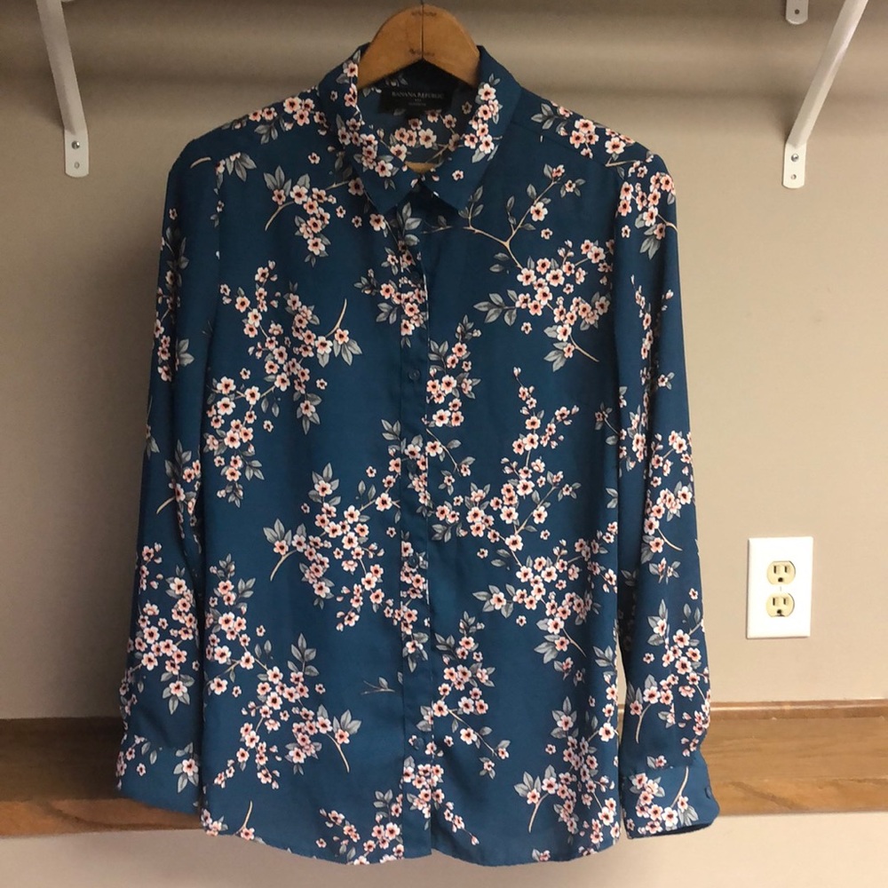 Banana Republic PM Teal Floral Print Tunic Blouse